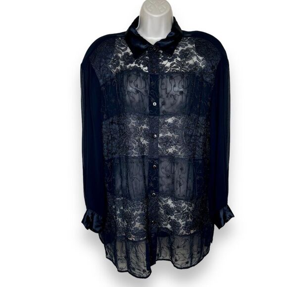 Lane Bryant Designs Collection Black Beaded Lace Button Front Shirt Women 14 16 - Picture 1 of 15